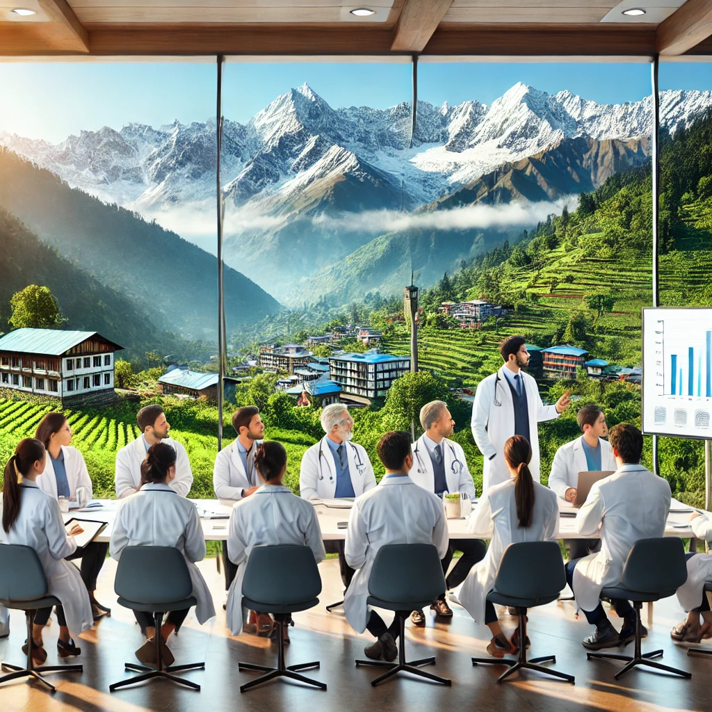 DALL·E 2024-09-26 15.15.17 - A scene showing physicians in white coats participating in a collaborative medical workshop or seminar in Himachal Pradesh, with the backdrop of the H - Copy